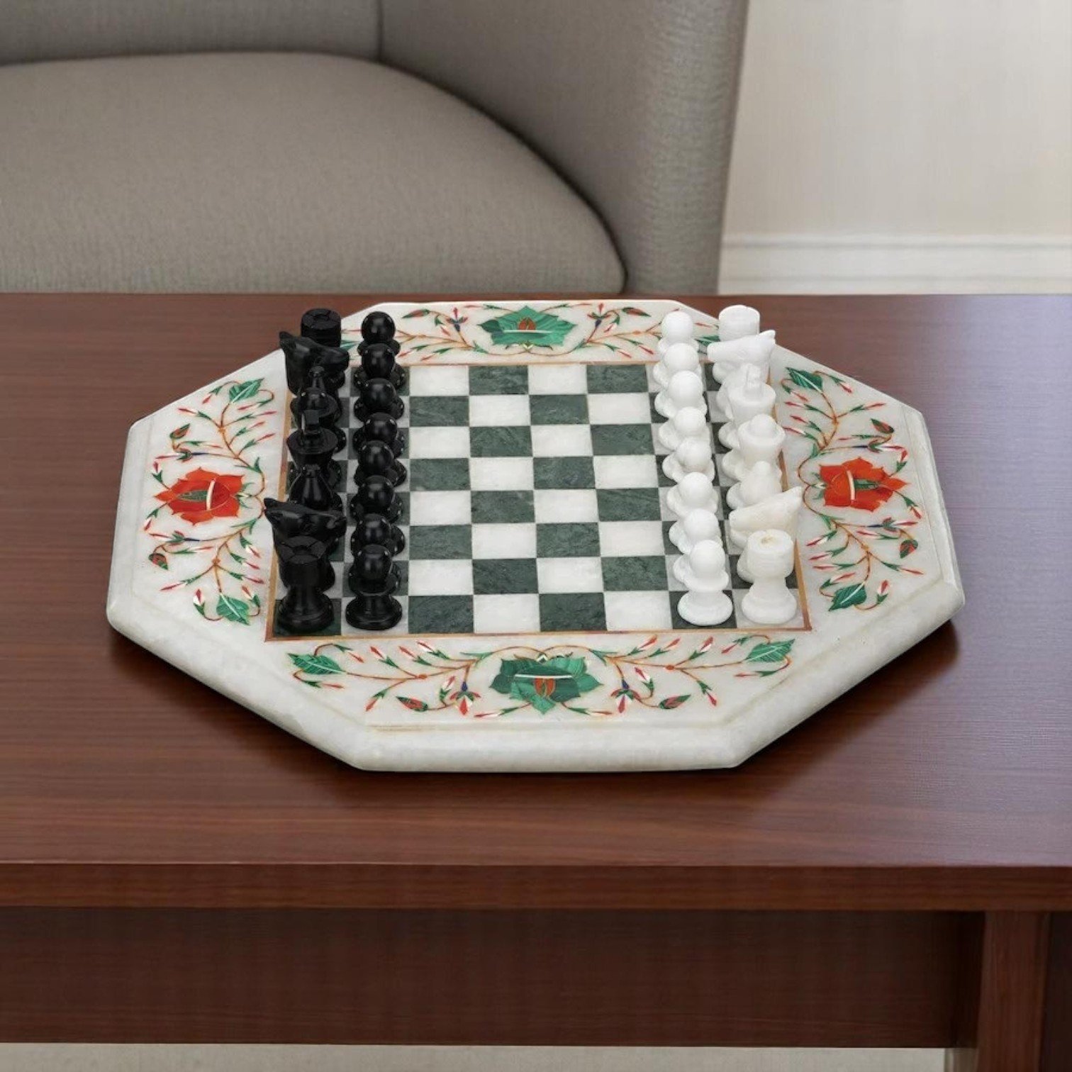 White Marble Inlay Chess Set