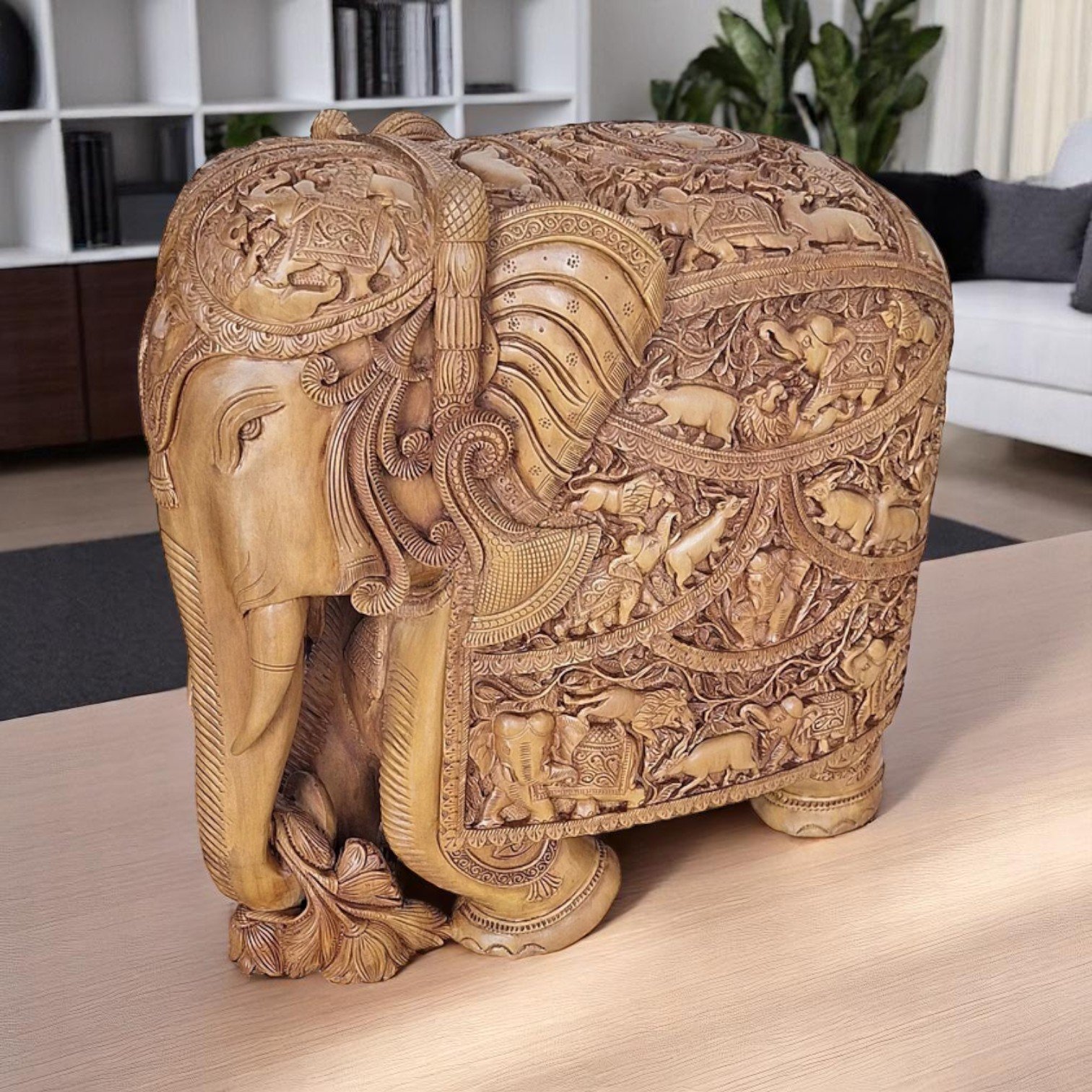 Large Carved Wooden Elephant Sculpture